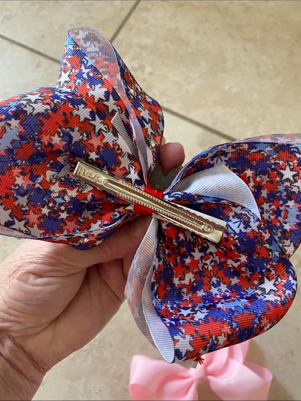 Bundle of 2 Large Red, White Blue Stars Girl Hairbow, and a Pretty Pink Bow